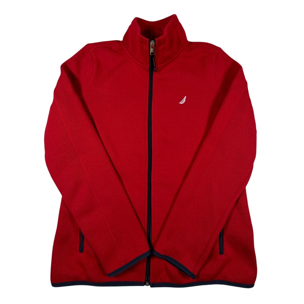 NWT Nautica Jeans Mens Small Red‎ Full Zip Mock Neck Sweater Navy Embroidered